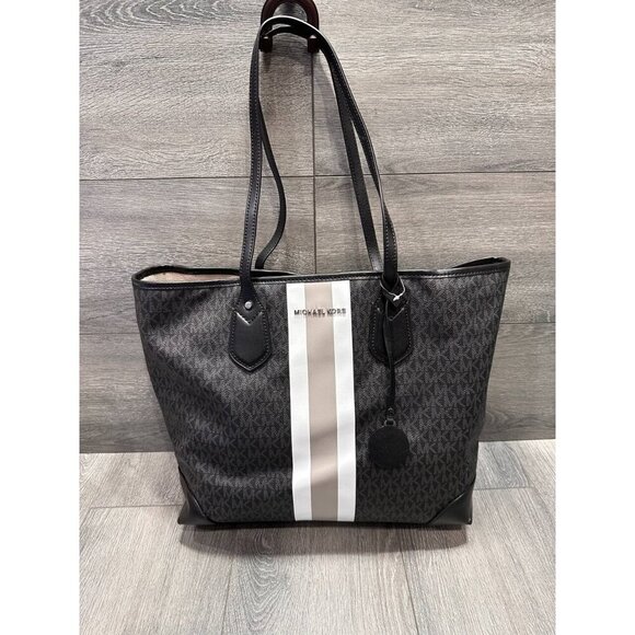 Michael Kors Eva Large Logo Stripe Tote Bag in Black White - Picture 2 of 16